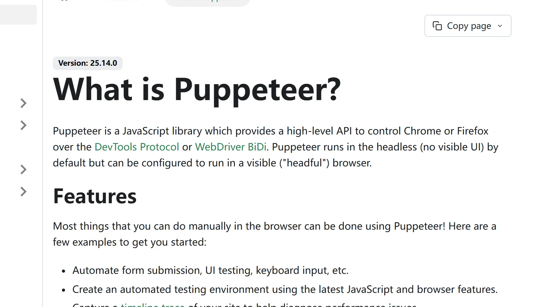 用 Puppeteer 截取的 pptr.dev 文档页局部，标题为 “What is Puppeteer?”。