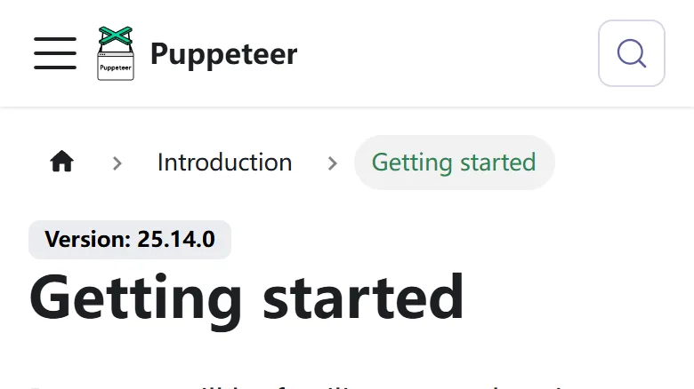 用 Puppeteer 以 390 像素宽视口截取的 pptr.dev 页面顶部，导航与标题按移动端布局重排。