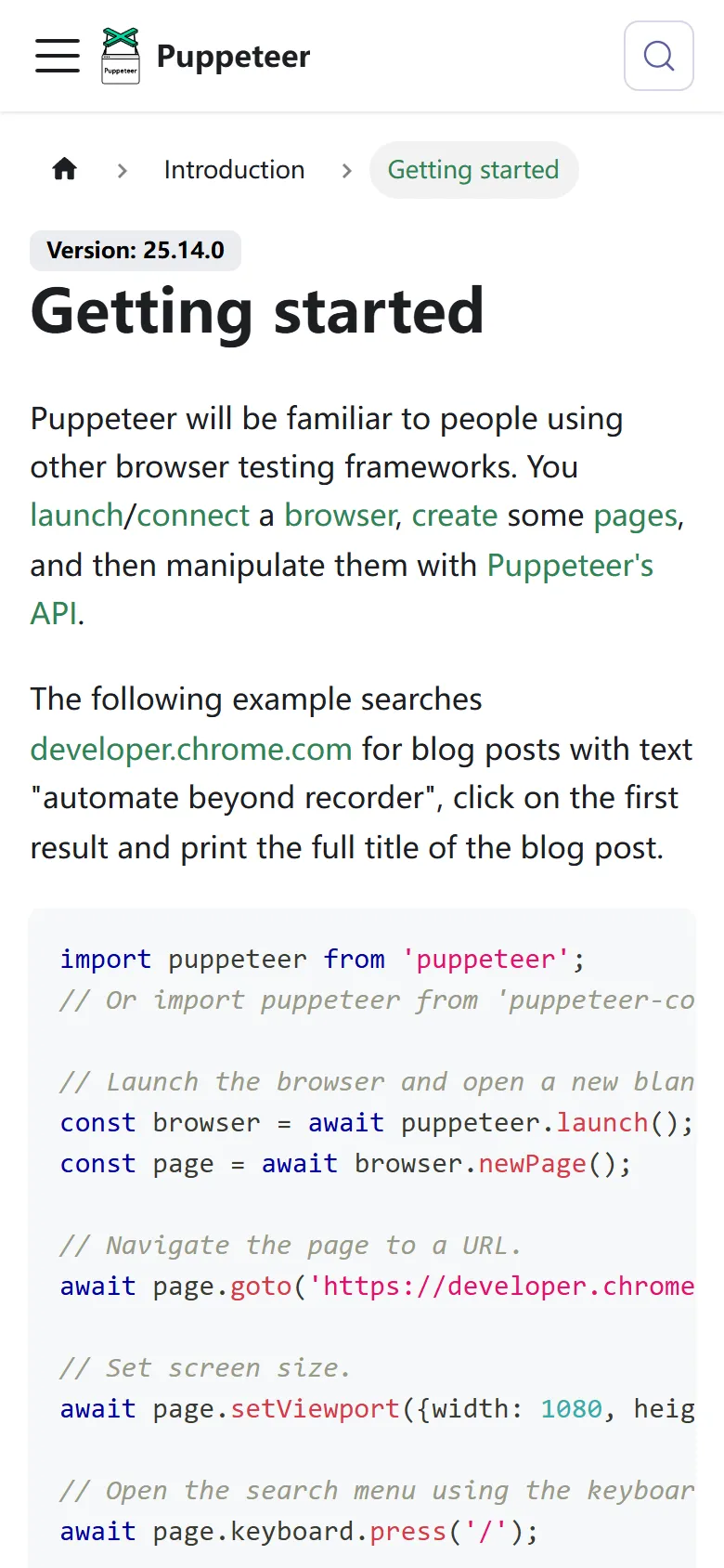 用 Puppeteer 以 390 像素宽视口截取的 pptr.dev 文档页